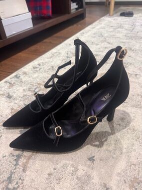 Zara Black Pointed Mary Jane Strappy Heels with Gold Buckles